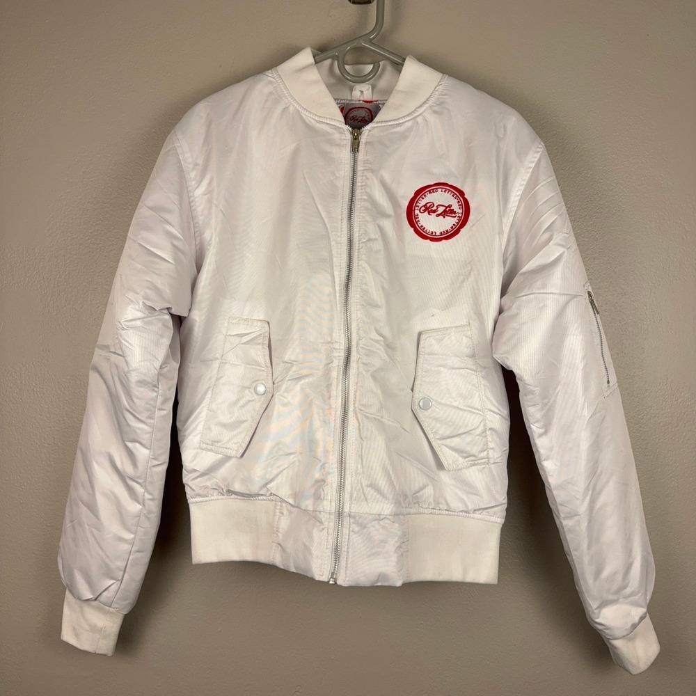 Red Letter White Embroidered Bomber Jacket Logo Patch Lined Women Medium